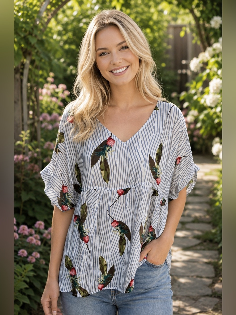 Yak & Yeti L/XL Striped V-Neck Floral Babydoll Top - White/Blue with Pink